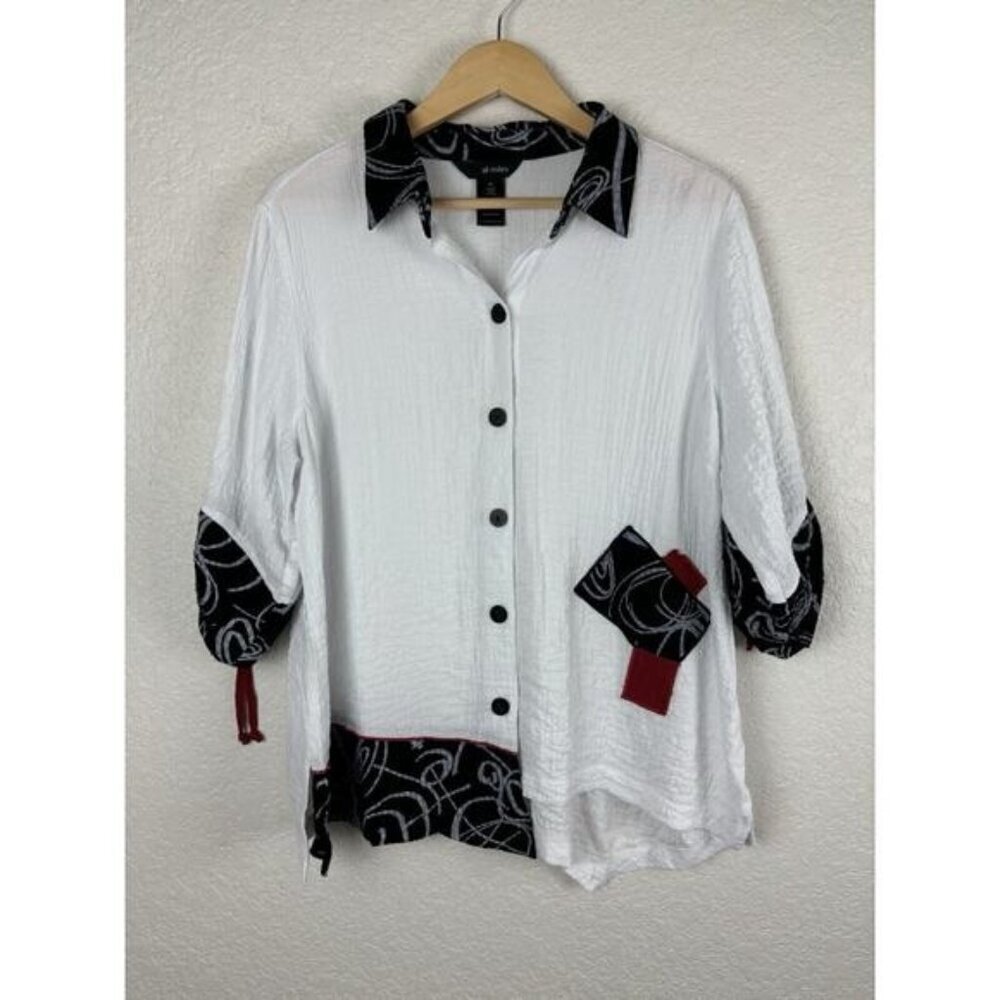 Ali Miles Art To Wear Button Up Shirt Petite Large White Black Red Abstract